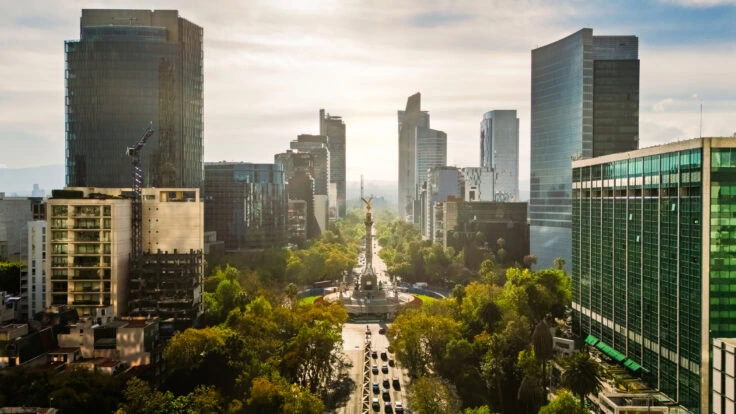 Aerial View Of The Independence Angel In Backlit Sunlight In Mexico City