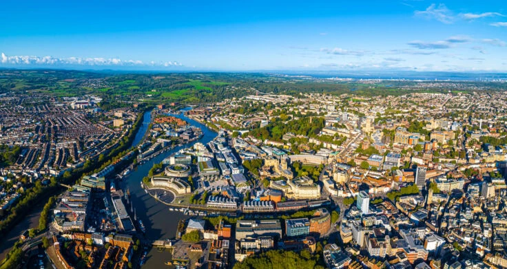 Aerial View Of Central Bristol In Sunny Morning, England
