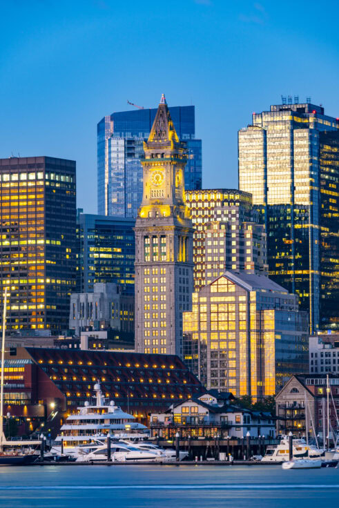 View Of The Boston Downtown City Skyline At Sunset, Massachusetts, Usa